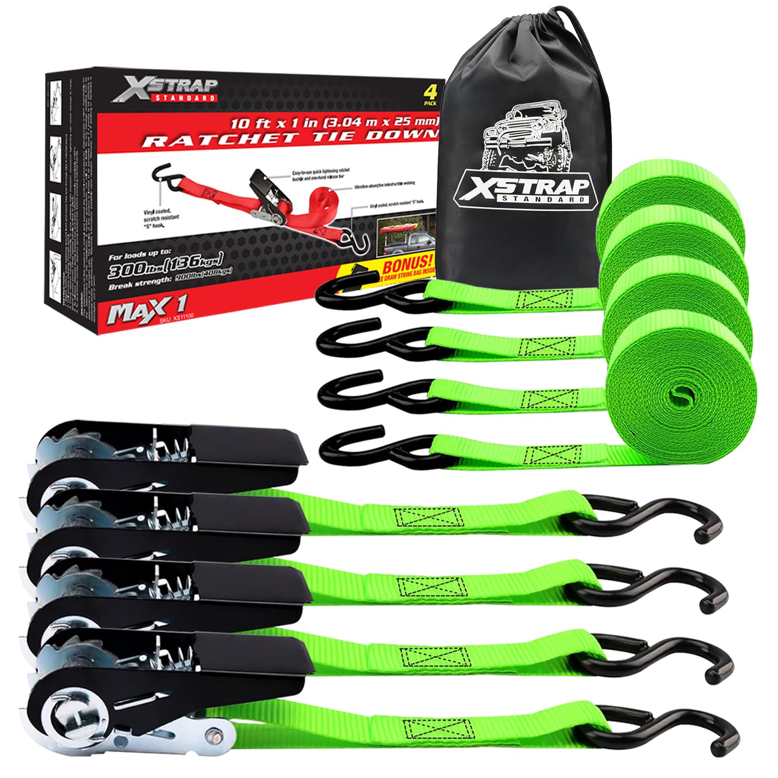 Amazon.com: XSTRAP STANDARD Ratchet Tie Down Straps 4 Pk 10 Ft